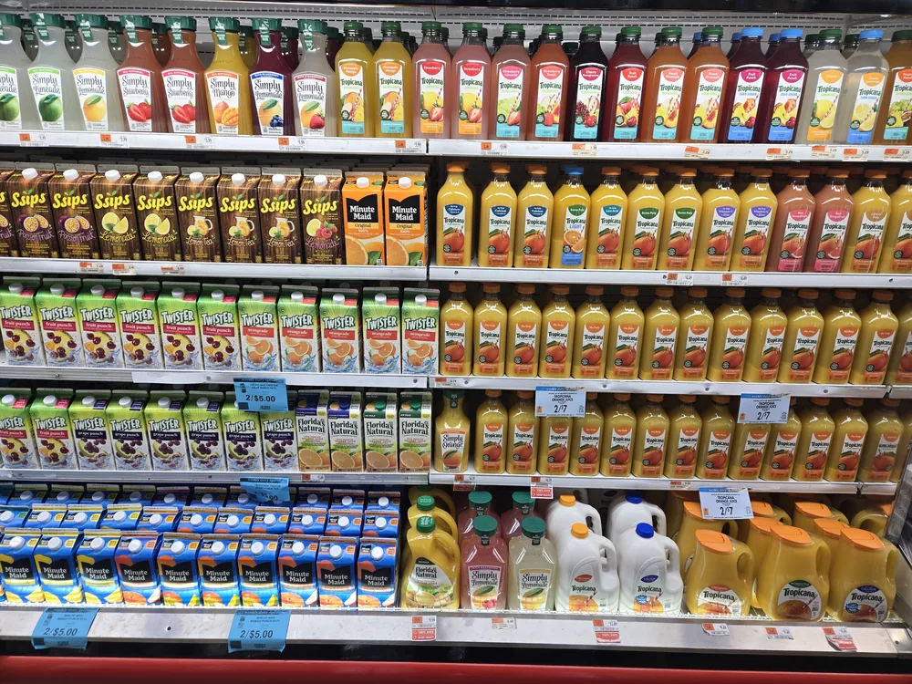 Refrigerated juice and beverage aisle at SuperFresh Supermarket